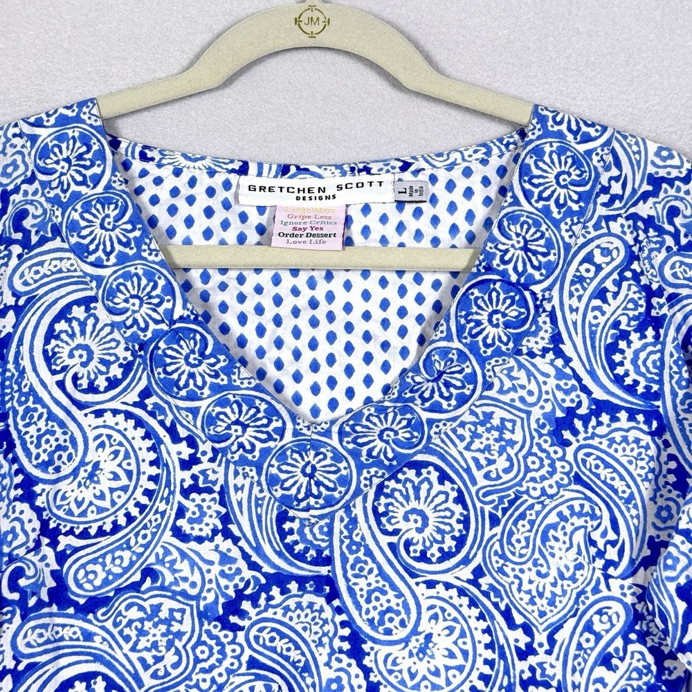 Gretchen Scott Top Womens Large Blue Paisley Tunic Resortwear Coastal V Neck - Picture 2 of 14